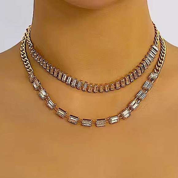 Gold Plated Diamond Baguette Multilayer Choker Necklace - Picture 2 of 8